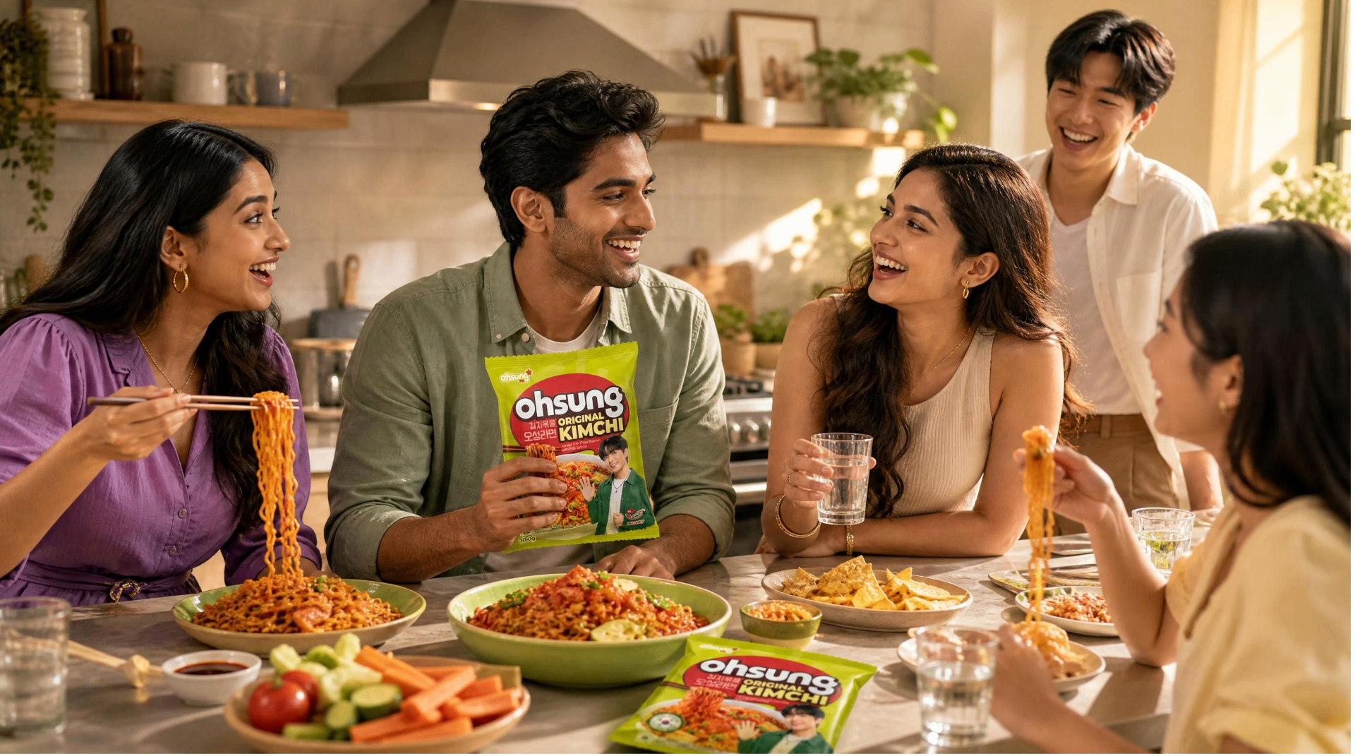 Friends sharing OHSUNG Ramyun at the table