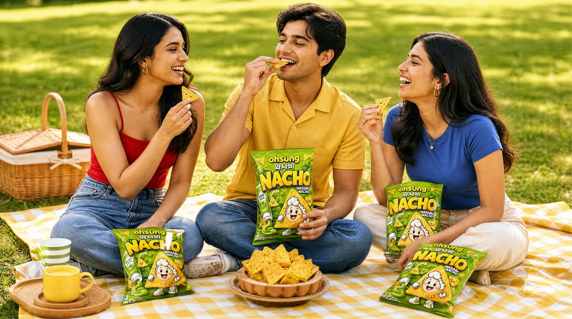 Friends sharing OHSUNG Wasabi Nacho at a sunny picnic
